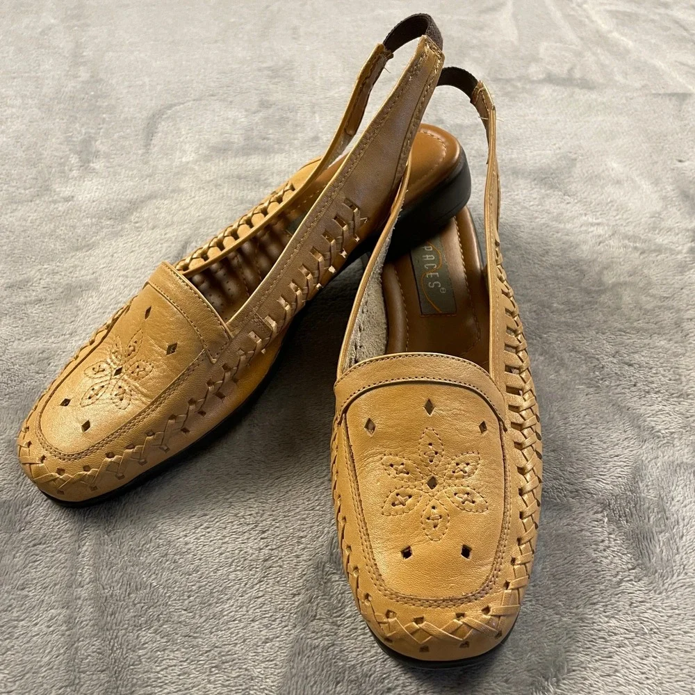 Paces Jen Women's 10W Tan Leather Woven Slingback Loafers Floral Perforated Boho